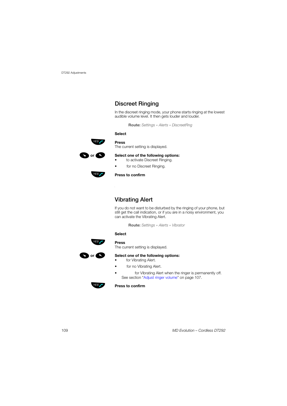 Discreet ringing, Vibrating alert, Section | AASTRA DT292 for MD Evolution User Guide EN User Manual | Page 110 / 148