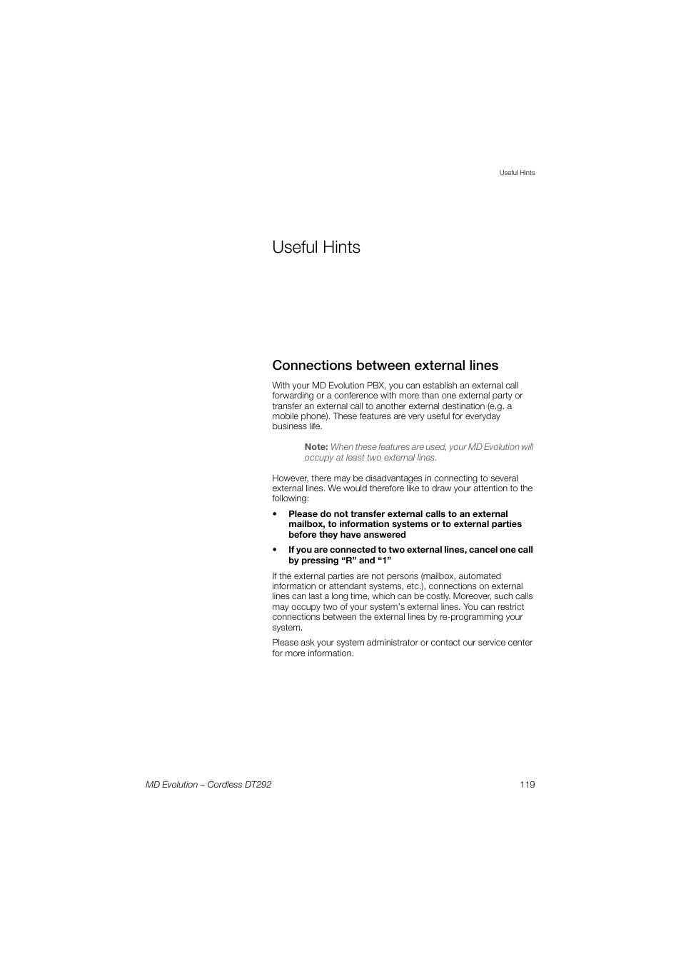 Useful hints, Connections between external lines | AASTRA DT292 for MD Evolution User Guide EN User Manual | Page 119 / 148