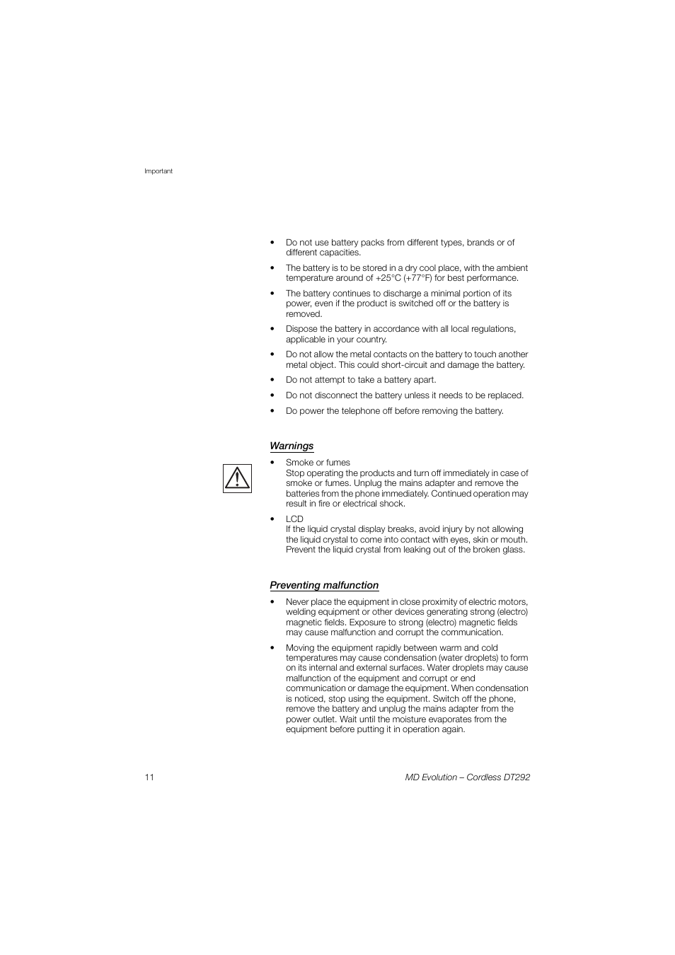 Warnings, Preventing malfunction | AASTRA DT292 for MD Evolution User Guide EN User Manual | Page 12 / 148