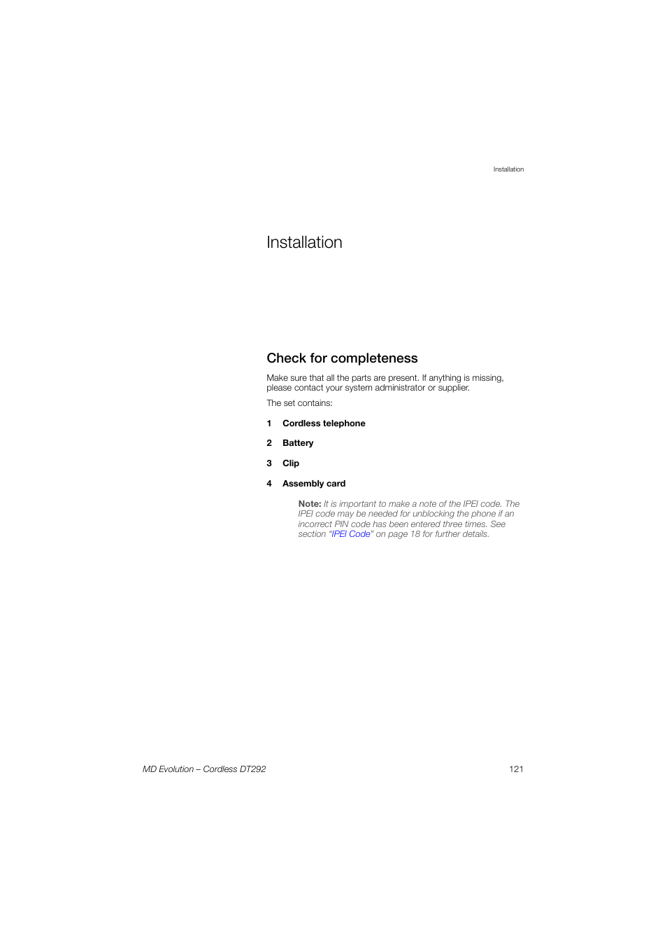 Installation, Check for completeness | AASTRA DT292 for MD Evolution User Guide EN User Manual | Page 121 / 148