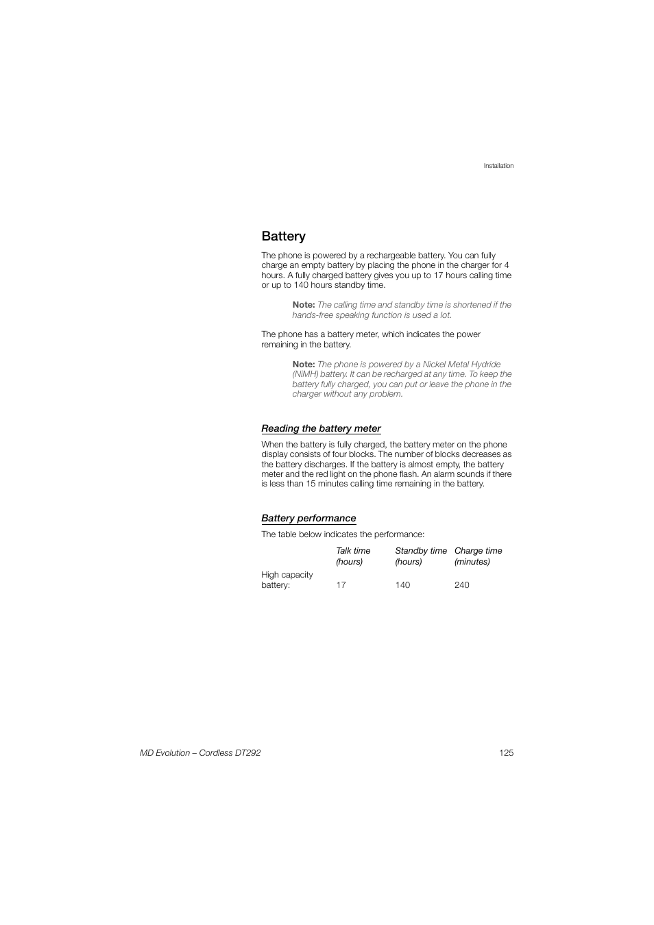 Battery, Reading the battery meter, Battery performance | AASTRA DT292 for MD Evolution User Guide EN User Manual | Page 125 / 148