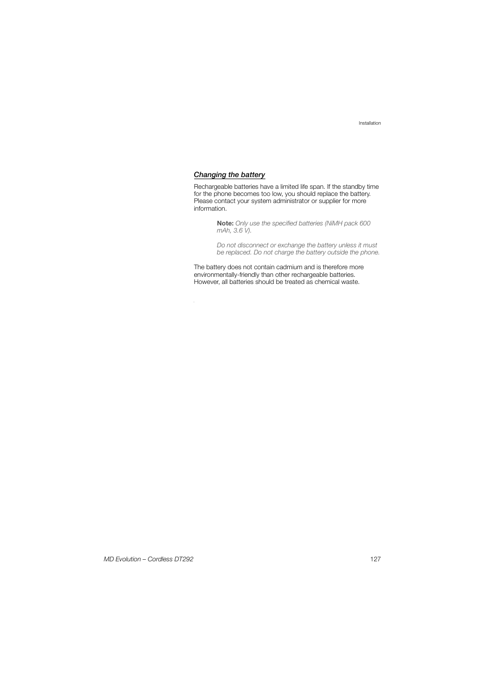 Changing the battery | AASTRA DT292 for MD Evolution User Guide EN User Manual | Page 127 / 148