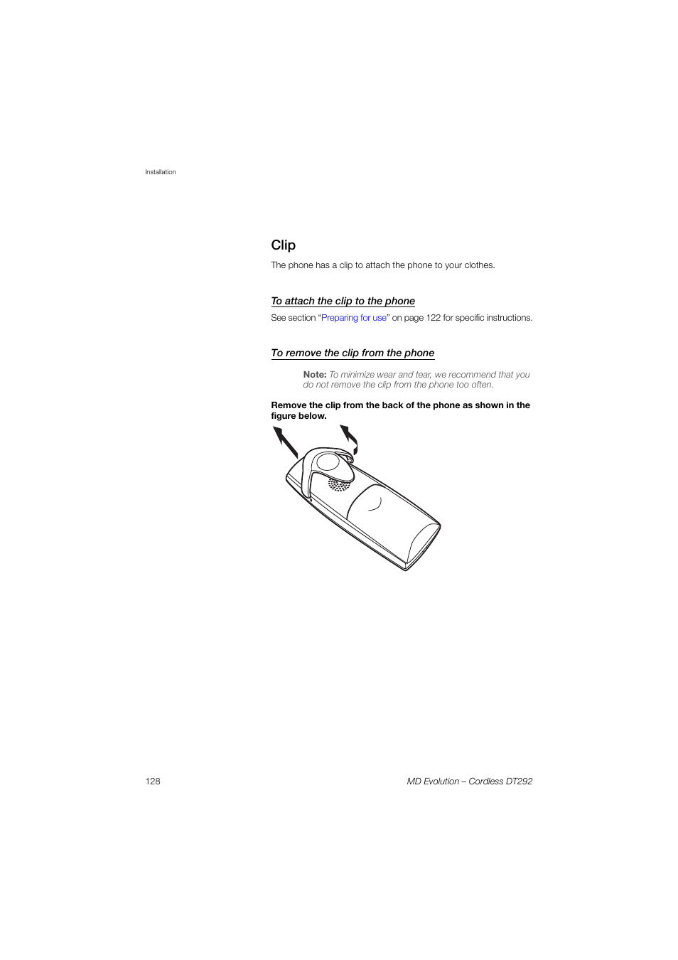 Clip, To attach the clip to the phone, To remove the clip from the phone | AASTRA DT292 for MD Evolution User Guide EN User Manual | Page 128 / 148