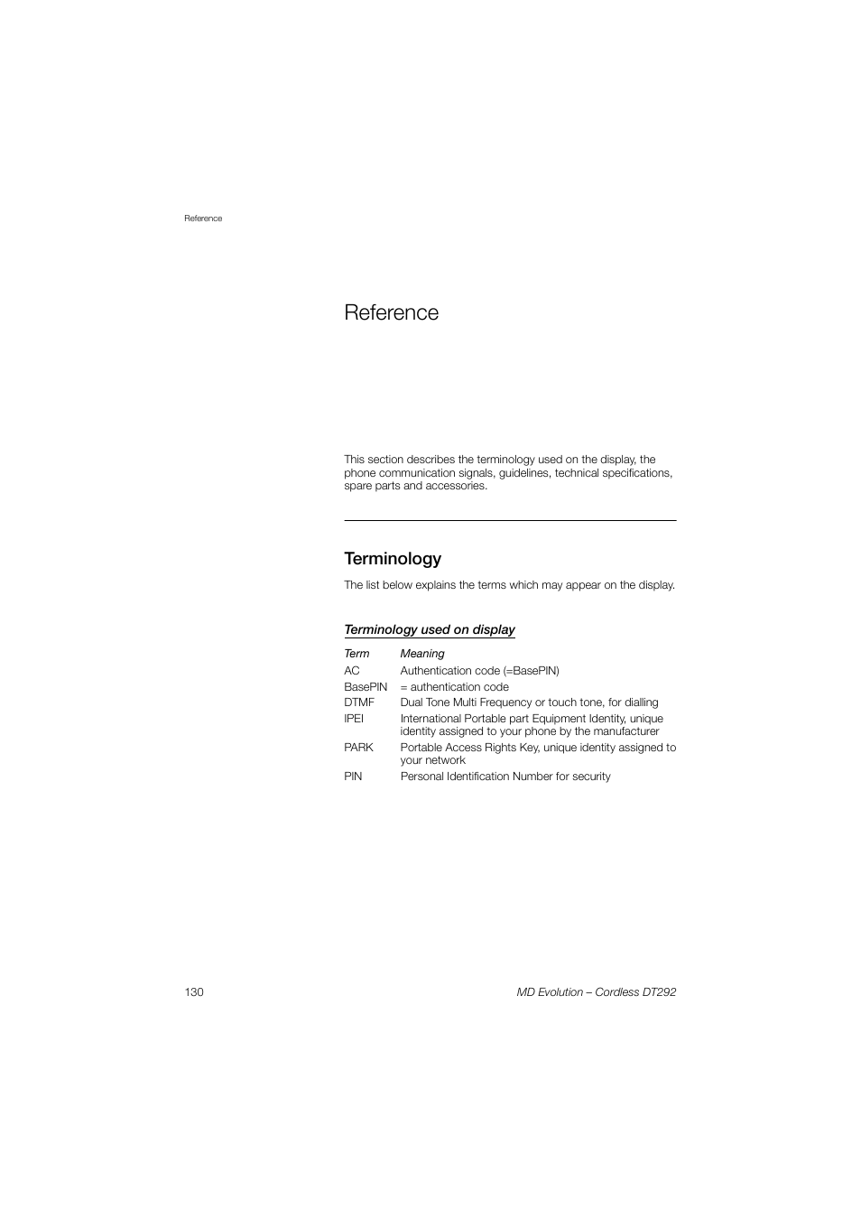 Reference, Terminology, Terminology used on display | AASTRA DT292 for MD Evolution User Guide EN User Manual | Page 130 / 148
