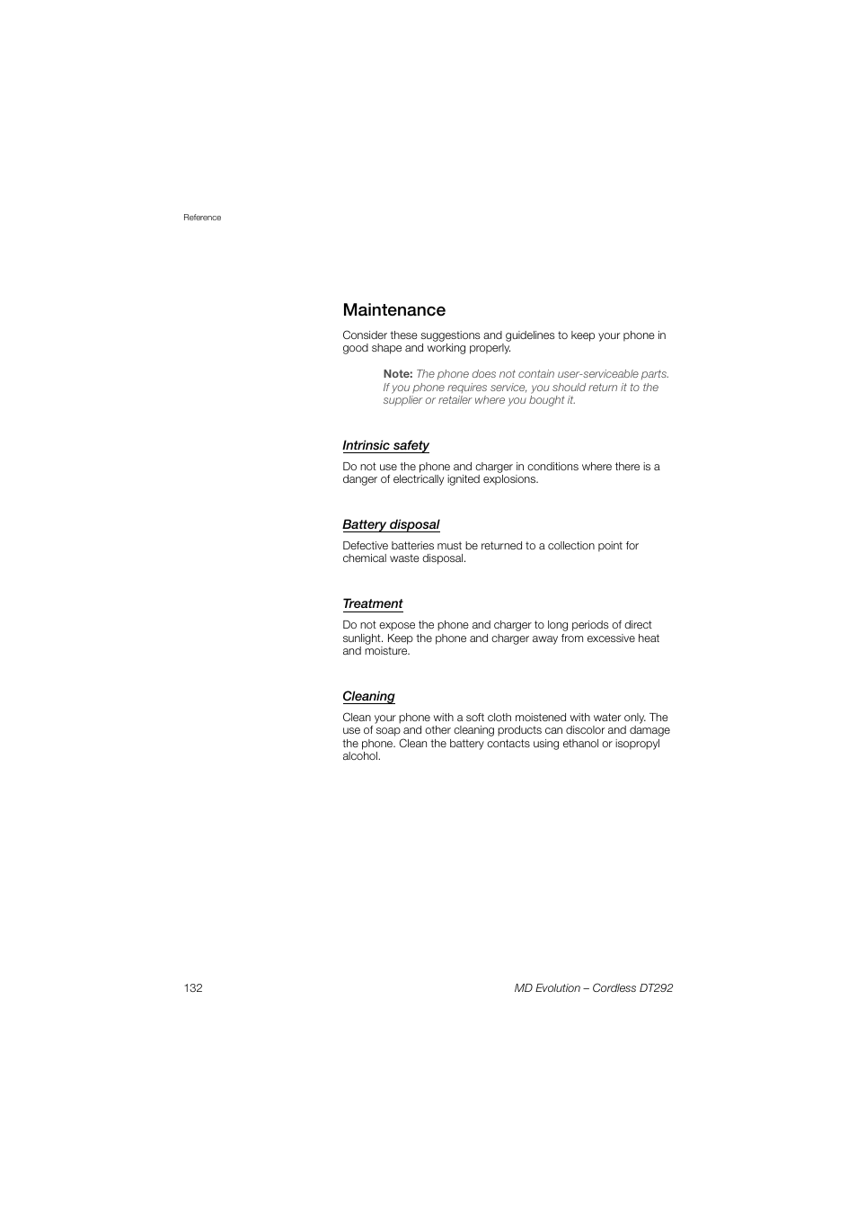Maintenance, Intrinsic safety, Battery disposal | Treatment, Cleaning | AASTRA DT292 for MD Evolution User Guide EN User Manual | Page 132 / 148