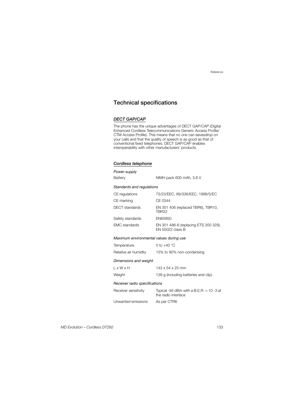 Technical specifications, Dect gap/cap, Cordless telephone | AASTRA DT292 for MD Evolution User Guide EN User Manual | Page 133 / 148