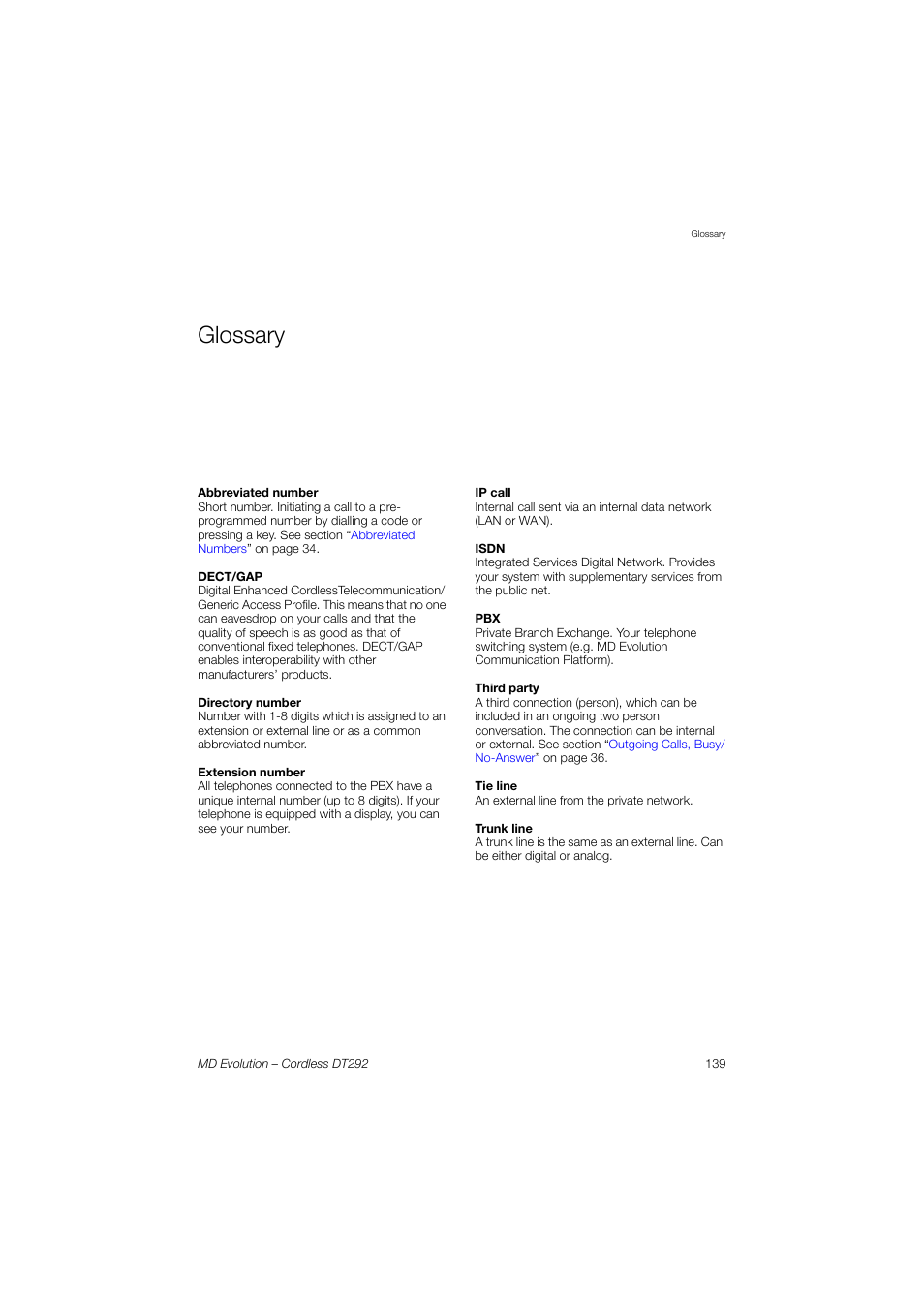 Glossary | AASTRA DT292 for MD Evolution User Guide EN User Manual | Page 139 / 148