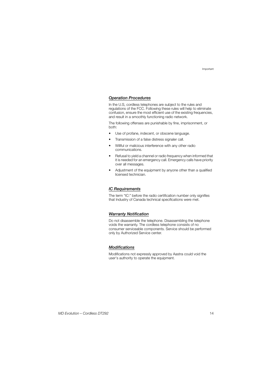 Operation procedures, Ic requirements, Warranty notification | Modifications | AASTRA DT292 for MD Evolution User Guide EN User Manual | Page 15 / 148