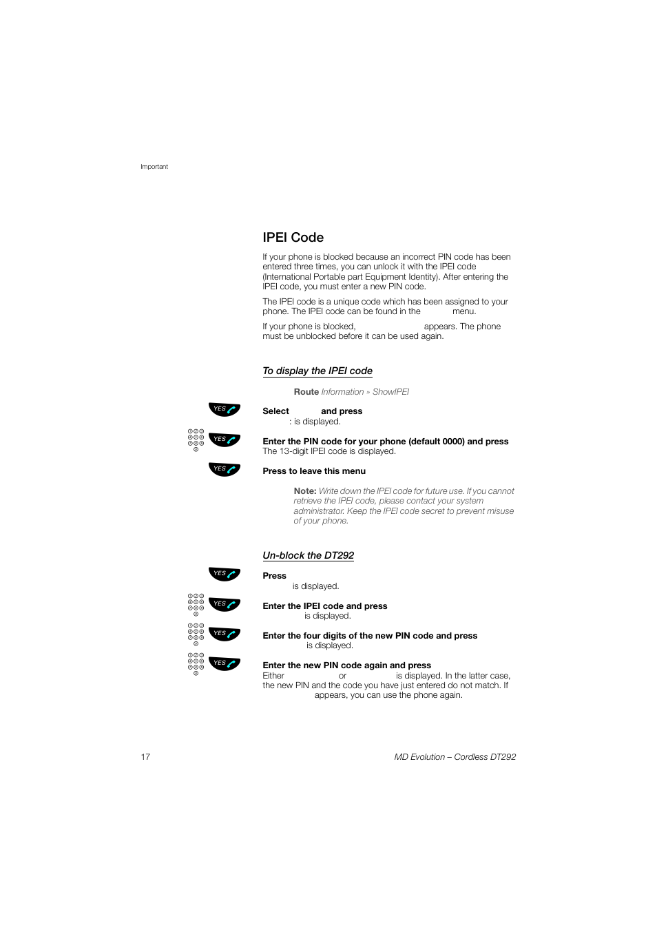 Ipei code, To display the ipei code, Un-block the dt292 | AASTRA DT292 for MD Evolution User Guide EN User Manual | Page 18 / 148