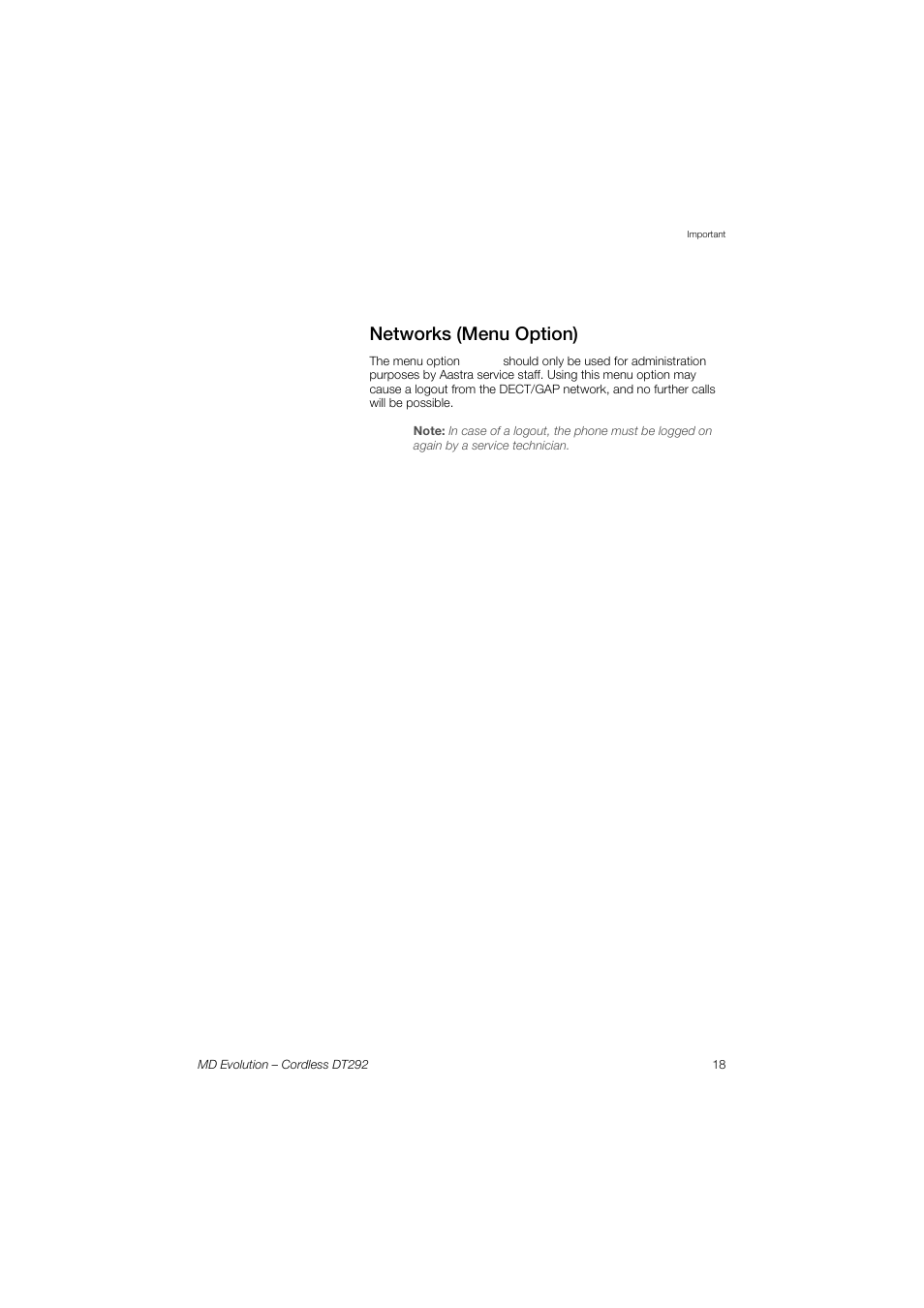 Networks (menu option) | AASTRA DT292 for MD Evolution User Guide EN User Manual | Page 19 / 148