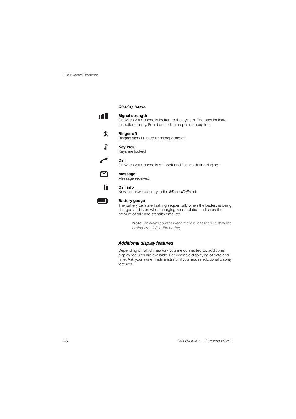 Display icons, Additional display features | AASTRA DT292 for MD Evolution User Guide EN User Manual | Page 24 / 148