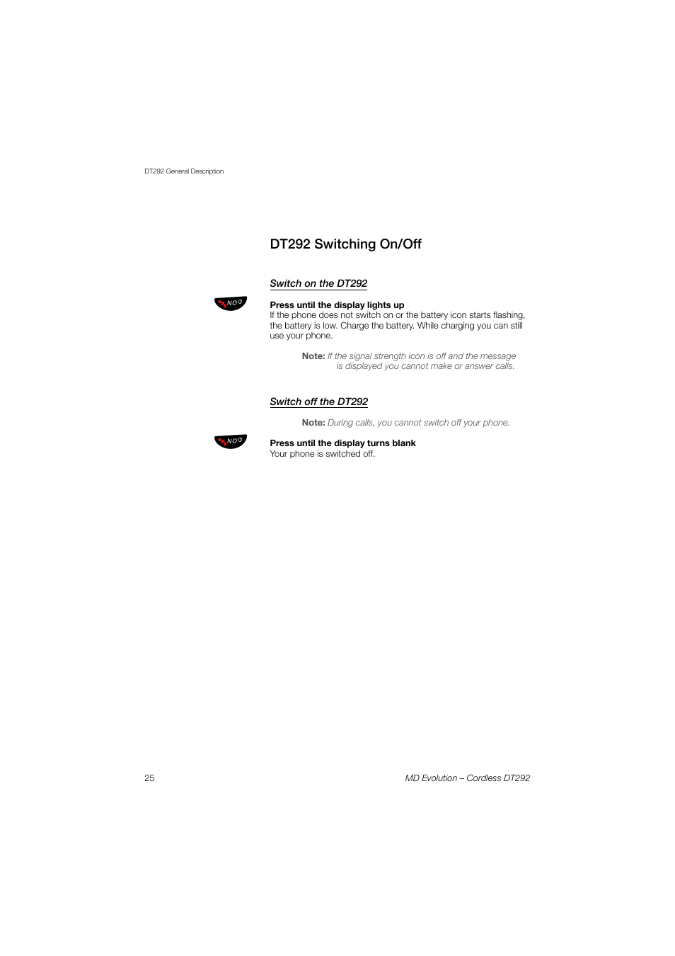 Dt292 switching on/off, Switch on the dt292, Switch off the dt292 | AASTRA DT292 for MD Evolution User Guide EN User Manual | Page 26 / 148