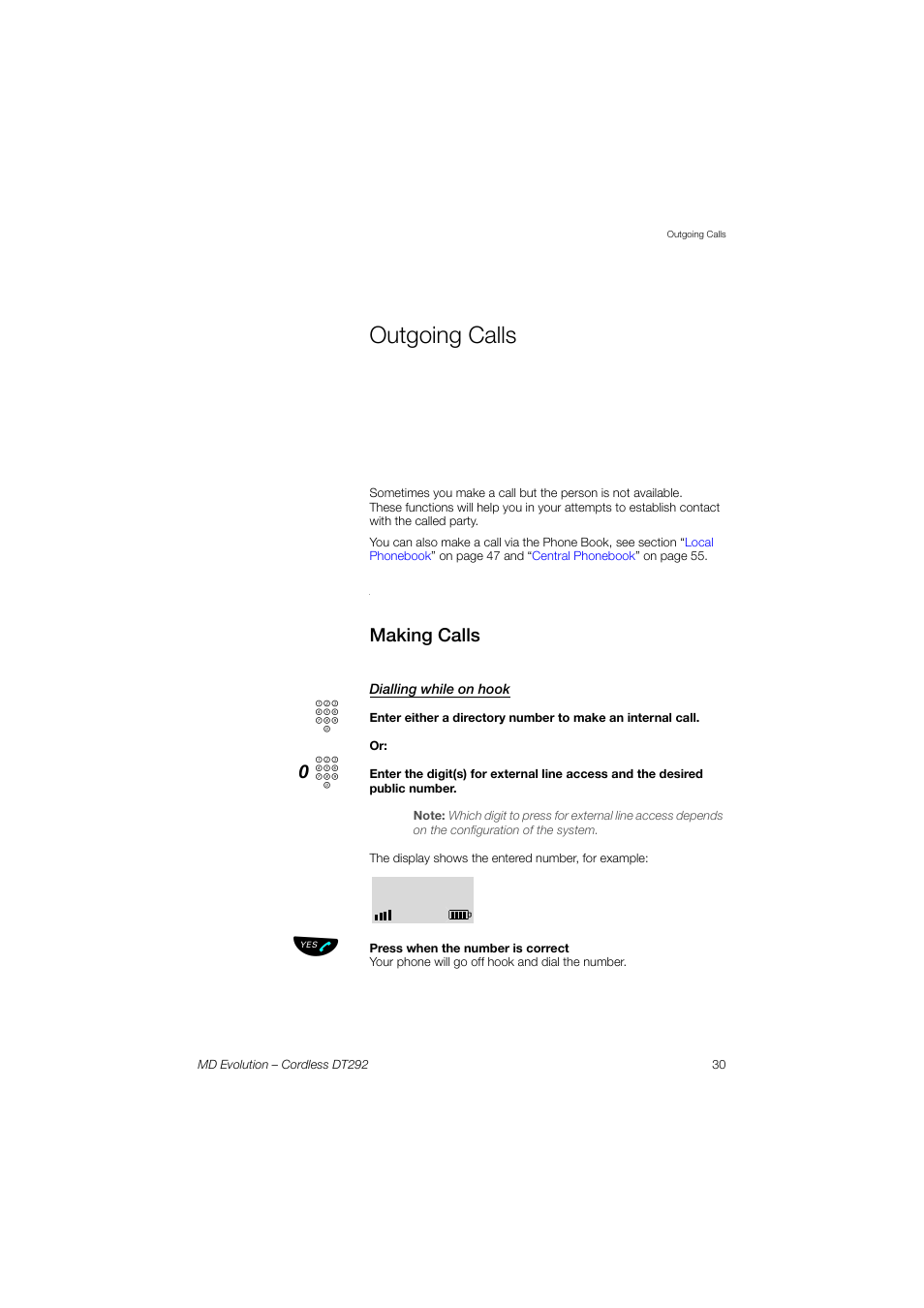 Outgoing calls, Making calls, Dialling while on hook | AASTRA DT292 for MD Evolution User Guide EN User Manual | Page 31 / 148