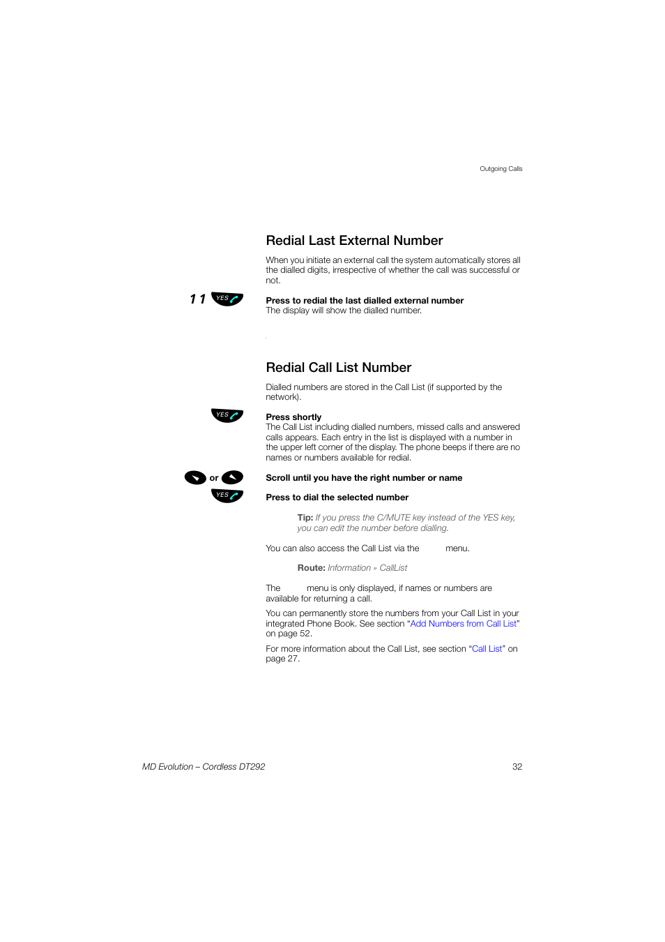 Redial last external number, Redial call list number, 11 ь ы | AASTRA DT292 for MD Evolution User Guide EN User Manual | Page 33 / 148