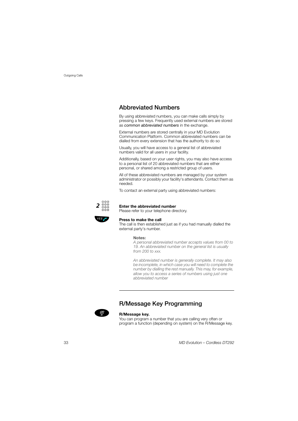 Abbreviated numbers, R/message key programming, Abbreviated | Numbers | AASTRA DT292 for MD Evolution User Guide EN User Manual | Page 34 / 148