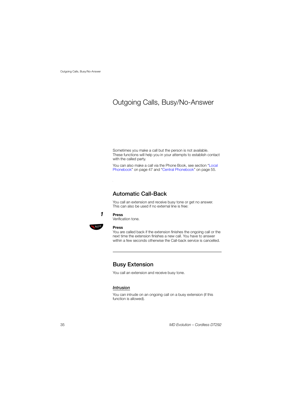 Outgoing calls, busy/no-answer, Automatic call-back, Busy extension | Intrusion, Outgoing calls, busy, No-answer | AASTRA DT292 for MD Evolution User Guide EN User Manual | Page 36 / 148