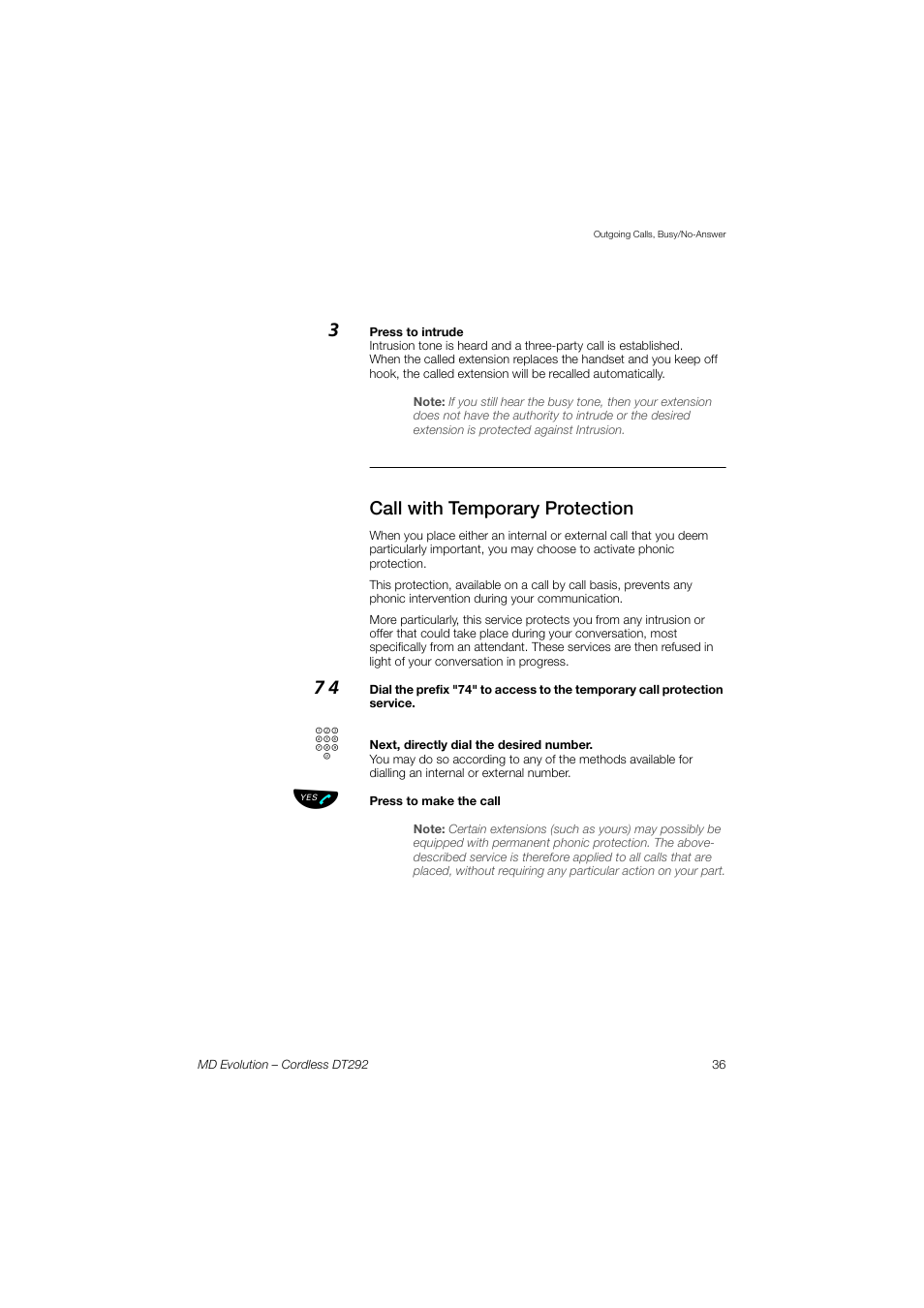 Call with temporary protection | AASTRA DT292 for MD Evolution User Guide EN User Manual | Page 37 / 148