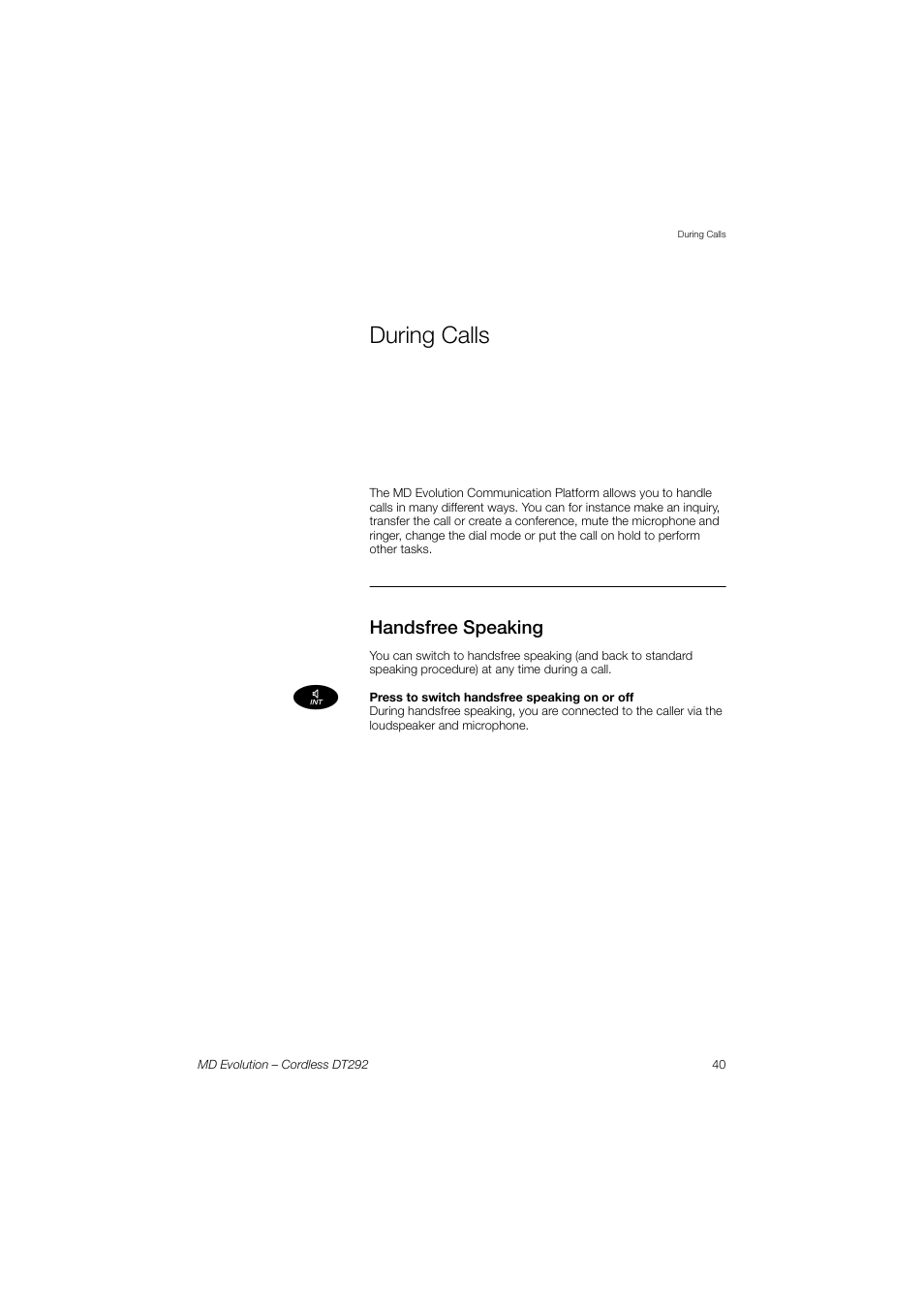 During calls, Handsfree speaking | AASTRA DT292 for MD Evolution User Guide EN User Manual | Page 41 / 148
