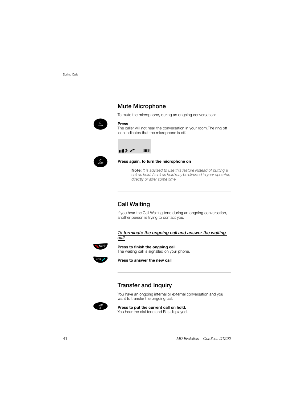 Mute microphone, Call waiting, Transfer and inquiry | AASTRA DT292 for MD Evolution User Guide EN User Manual | Page 42 / 148