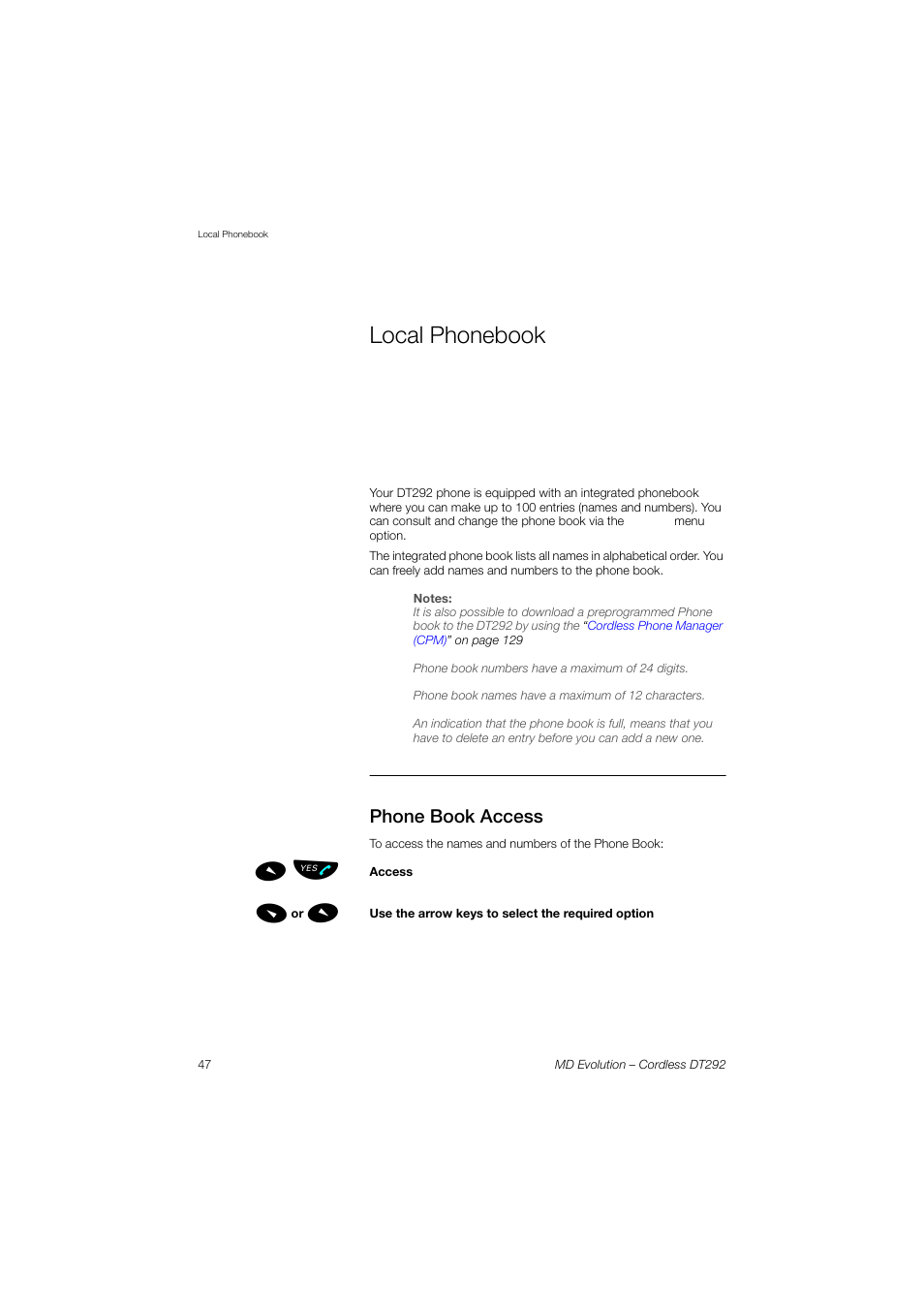 Local phonebook, Phone book access, Section | Local, Phonebook, Mь ы | AASTRA DT292 for MD Evolution User Guide EN User Manual | Page 48 / 148