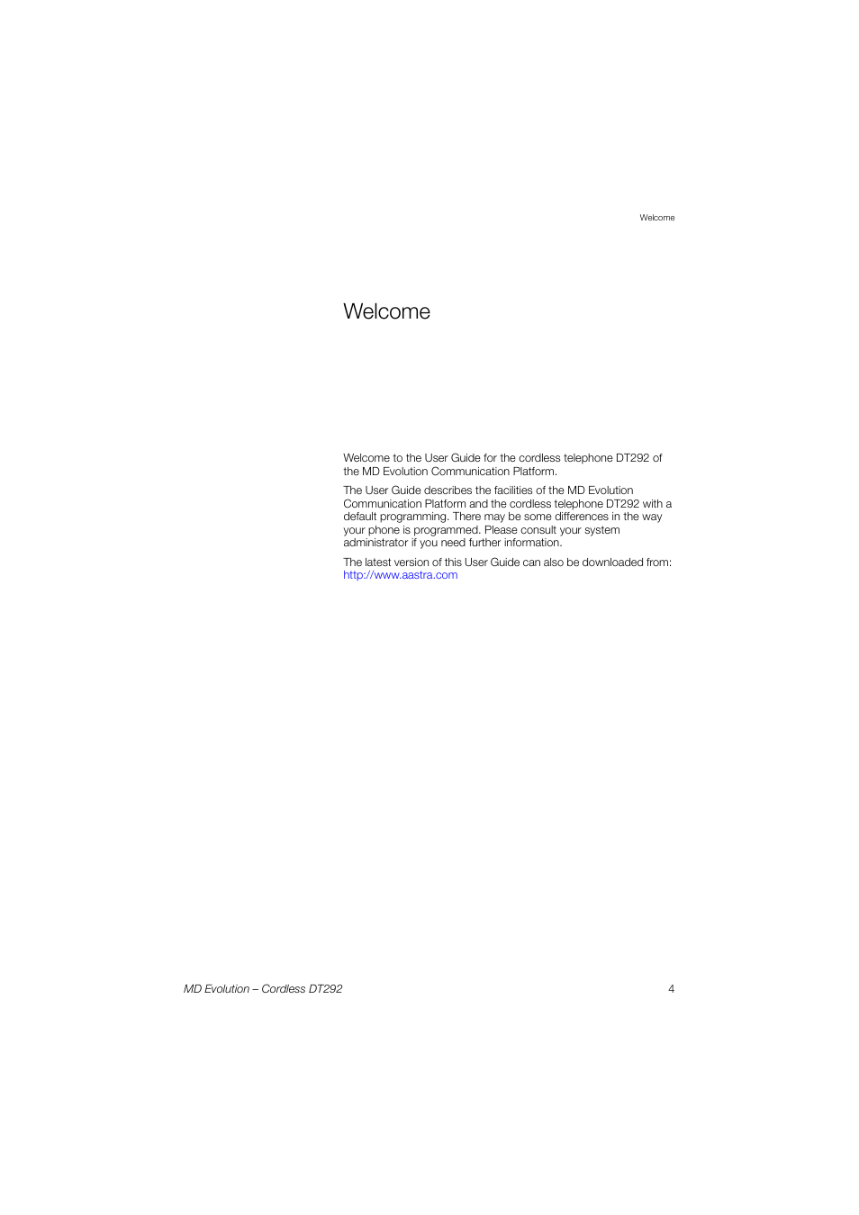 Welcome | AASTRA DT292 for MD Evolution User Guide EN User Manual | Page 5 / 148