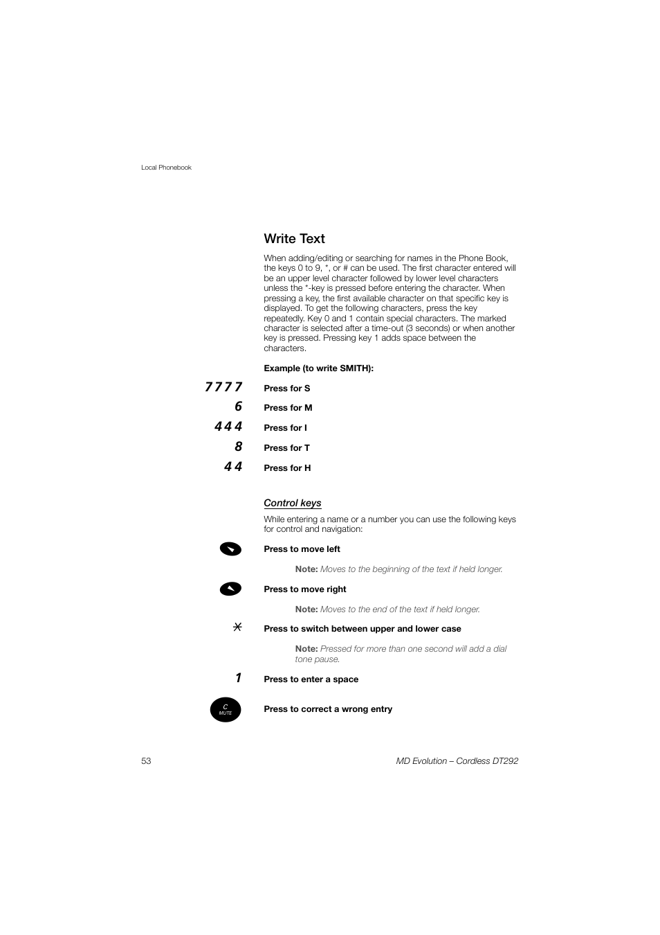 Write text, Control keys | AASTRA DT292 for MD Evolution User Guide EN User Manual | Page 54 / 148