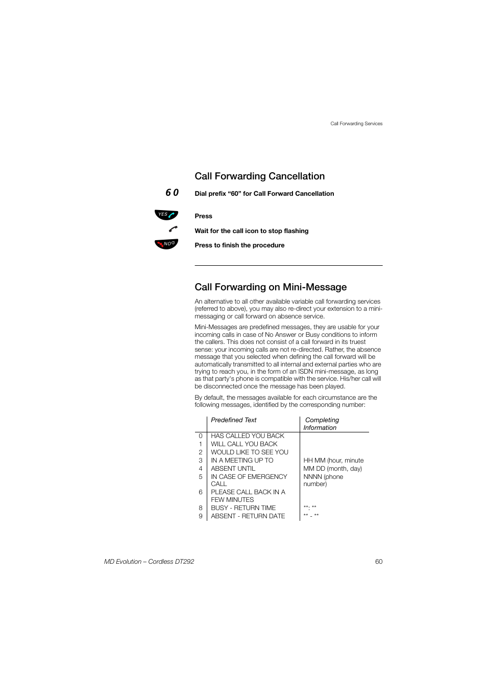 Call forwarding cancellation, Call forwarding on mini-message | AASTRA DT292 for MD Evolution User Guide EN User Manual | Page 61 / 148
