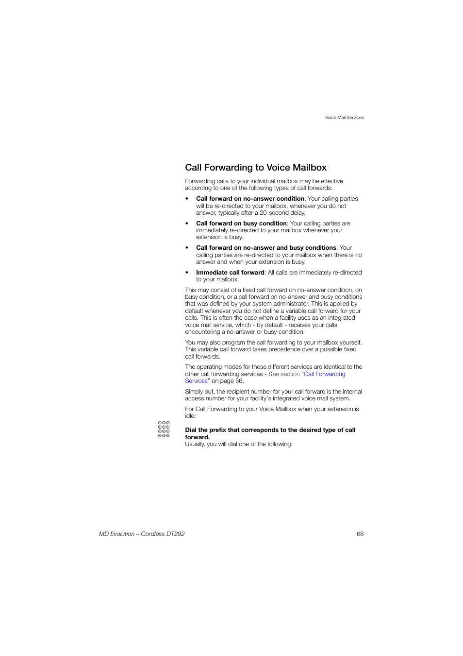 Call forwarding to voice mailbox | AASTRA DT292 for MD Evolution User Guide EN User Manual | Page 69 / 148