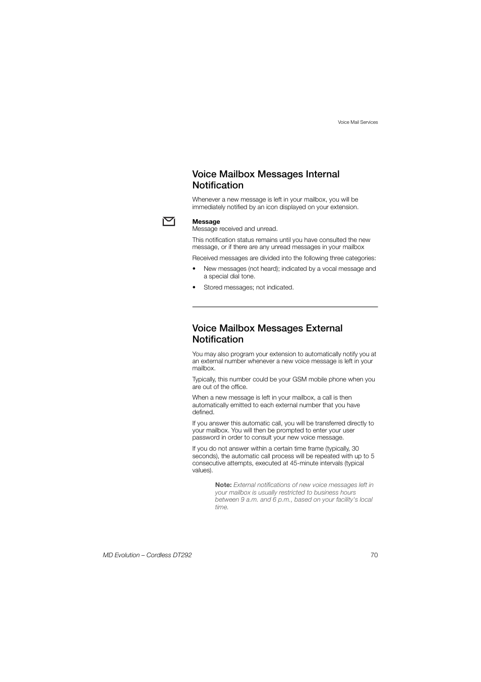 Voice mailbox messages internal notification, Voice mailbox messages external notification | AASTRA DT292 for MD Evolution User Guide EN User Manual | Page 71 / 148