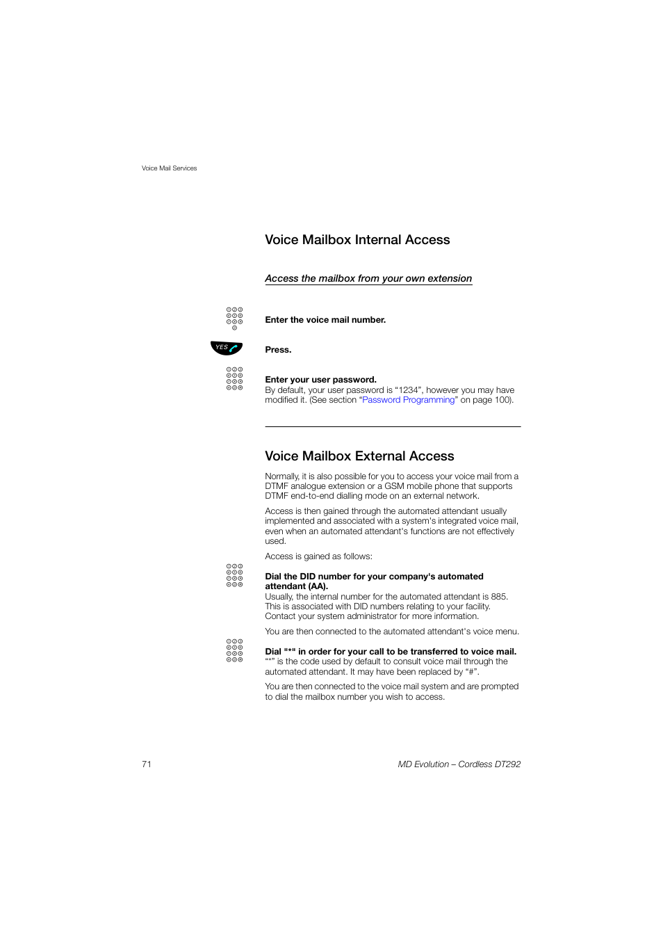 Voice mailbox internal access, Access the mailbox from your own extension, Voice mailbox external access | AASTRA DT292 for MD Evolution User Guide EN User Manual | Page 72 / 148