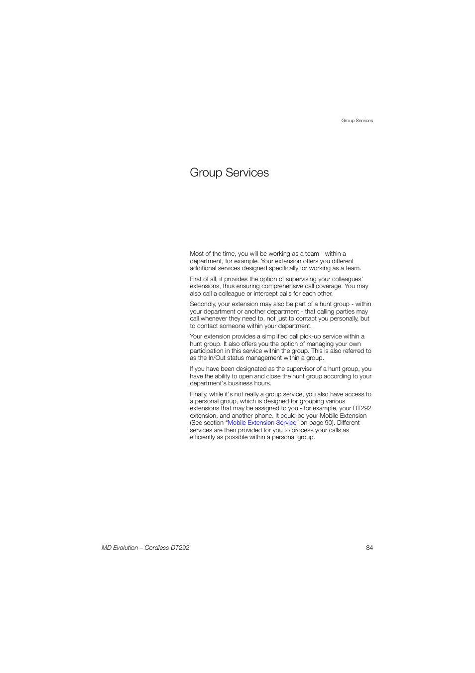 Group services | AASTRA DT292 for MD Evolution User Guide EN User Manual | Page 85 / 148