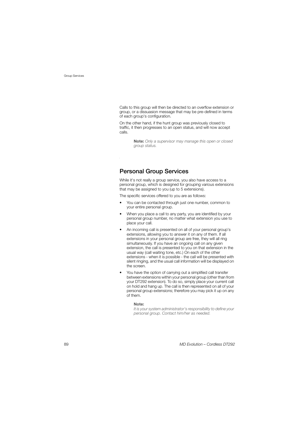 Personal group services | AASTRA DT292 for MD Evolution User Guide EN User Manual | Page 90 / 148