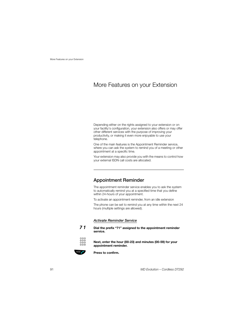 More features on your extension, Appointment reminder, Activate reminder service | AASTRA DT292 for MD Evolution User Guide EN User Manual | Page 92 / 148