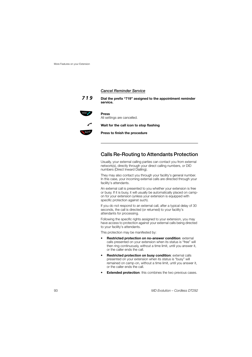 Cancel reminder service, Calls re-routing to attendants protection | AASTRA DT292 for MD Evolution User Guide EN User Manual | Page 94 / 148