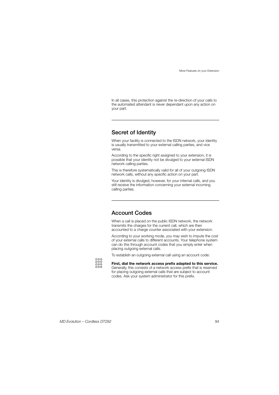 Secret of identity, Account codes | AASTRA DT292 for MD Evolution User Guide EN User Manual | Page 95 / 148