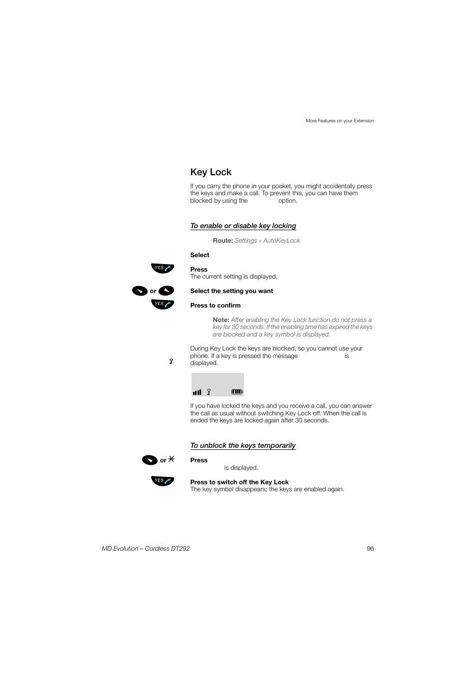 Key lock, To enable or disable key locking, To unblock the keys temporarily | AASTRA DT292 for MD Evolution User Guide EN User Manual | Page 97 / 148