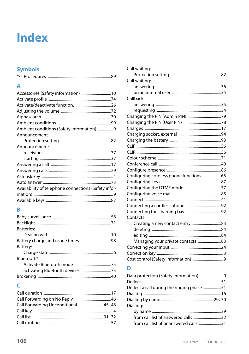 Index, Symbols | AASTRA 630d for Aastra 400 User Guide EN User Manual | Page 100 / 103