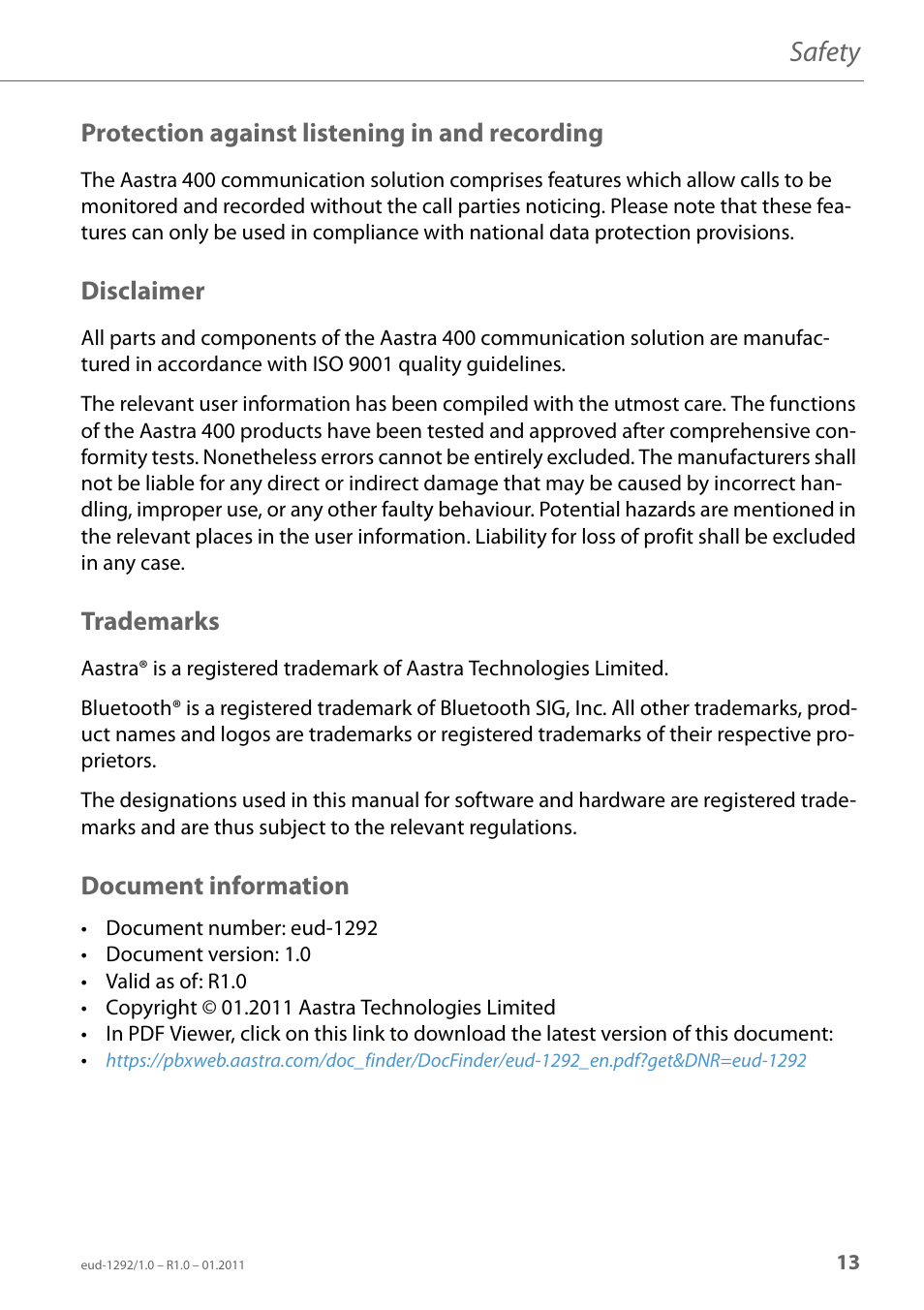 Eud-1292/1.0 - r1.0 - 01.2011, Protection against listening in and recording, Disclaimer | Trademarks, Document information, Safety | AASTRA 630d for Aastra 400 User Guide EN User Manual | Page 13 / 103