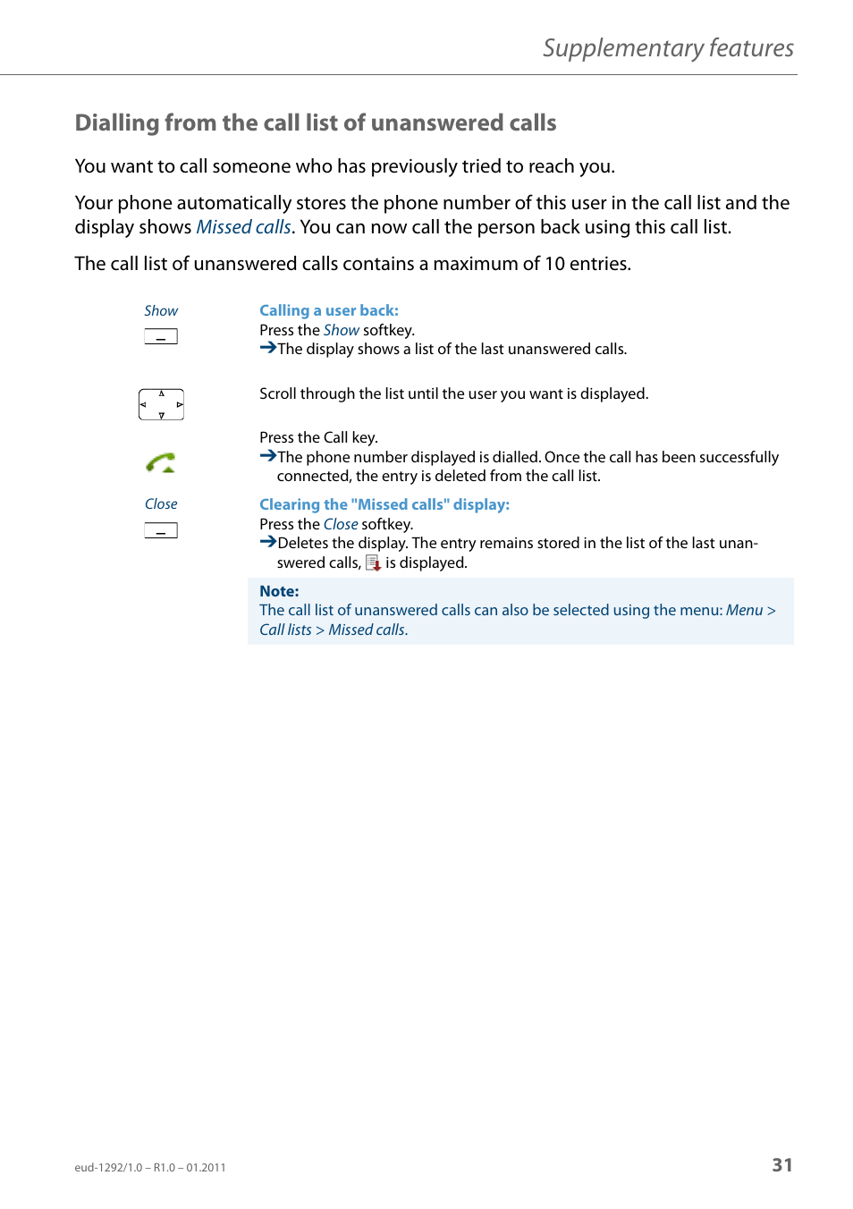 Dialling from the call list of unanswered calls, Supplementary features | AASTRA 630d for Aastra 400 User Guide EN User Manual | Page 31 / 103