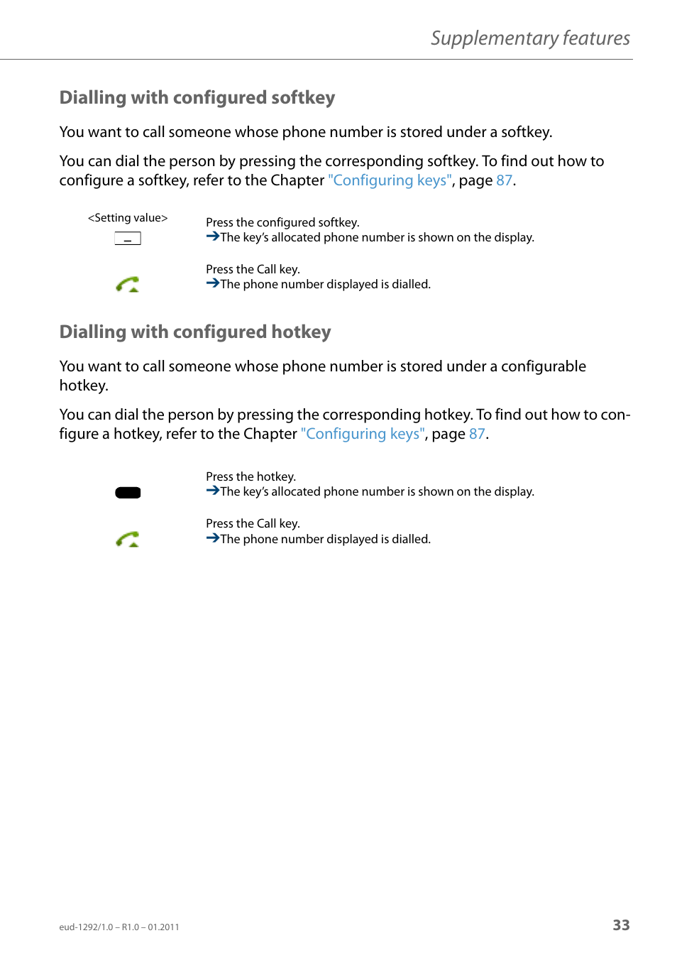 Dialling with configured softkey, Dialling with configured hotkey, Supplementary features | AASTRA 630d for Aastra 400 User Guide EN User Manual | Page 33 / 103