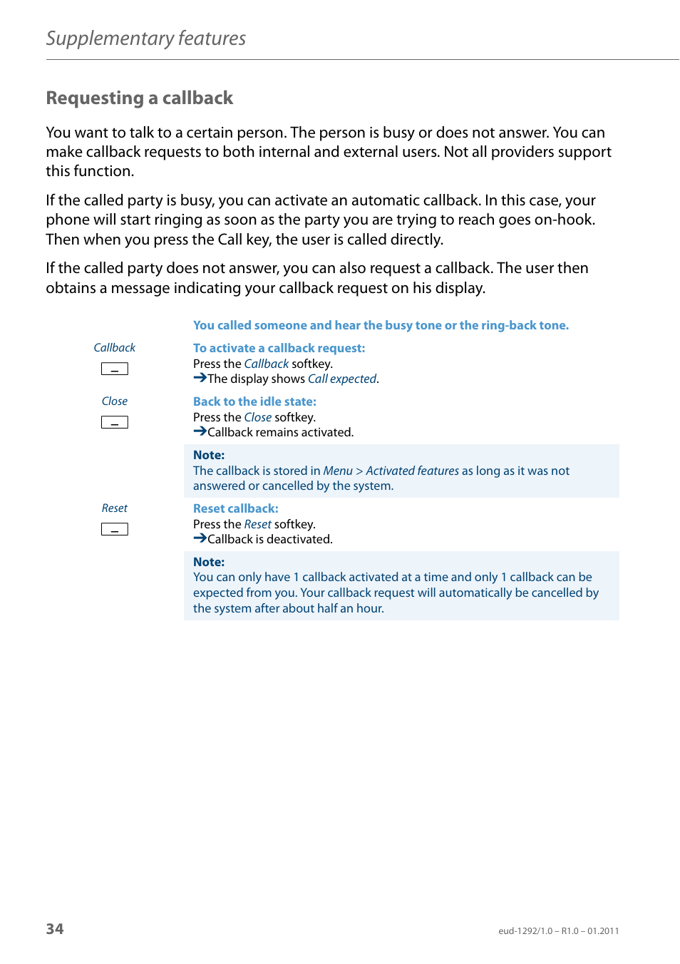 Requesting a callback, Supplementary features | AASTRA 630d for Aastra 400 User Guide EN User Manual | Page 34 / 103