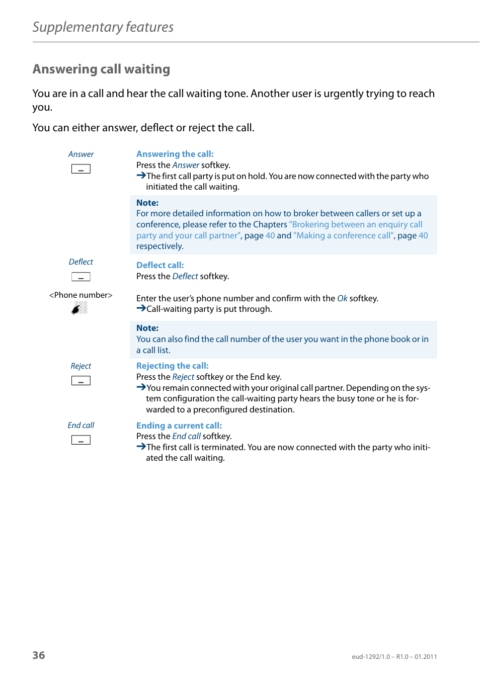 Answering call waiting, Supplementary features | AASTRA 630d for Aastra 400 User Guide EN User Manual | Page 36 / 103