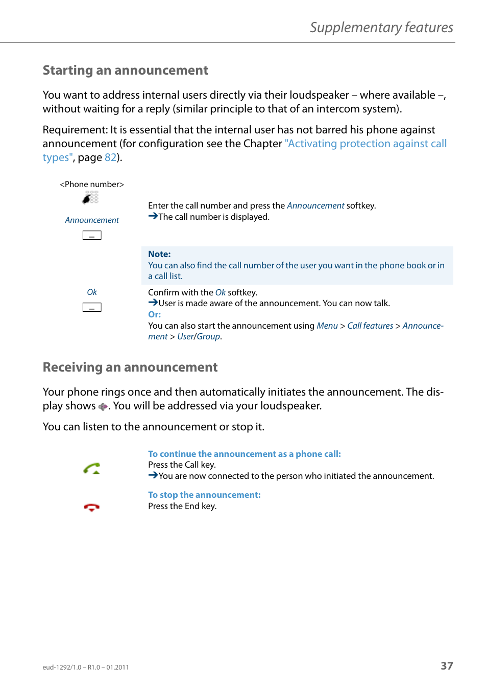 Starting an announcement, Receiving an announcement, Supplementary features | AASTRA 630d for Aastra 400 User Guide EN User Manual | Page 37 / 103