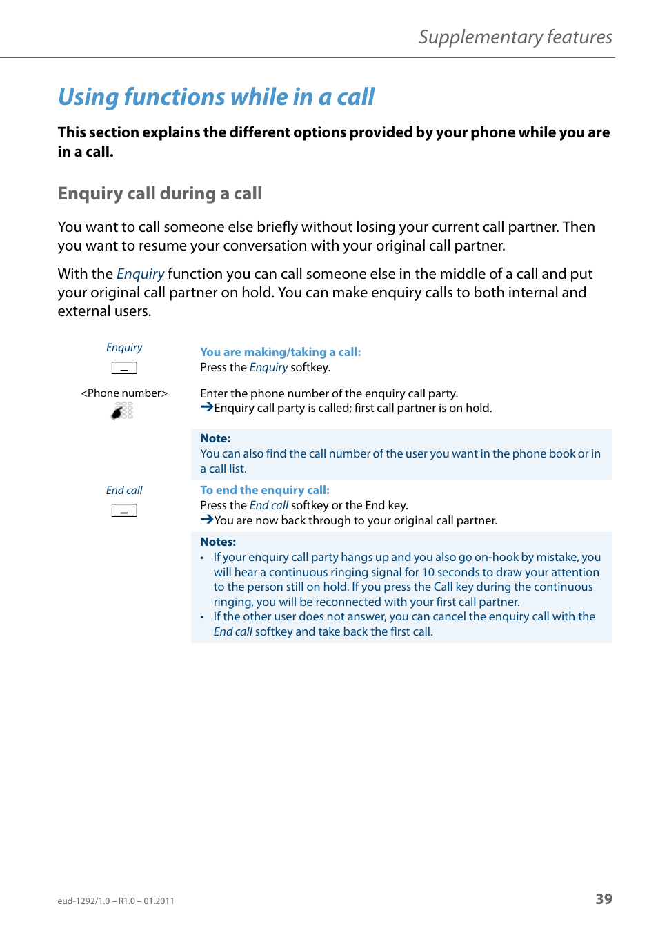 Using functions while in a call, Enquiry call during a call, Supplementary features | AASTRA 630d for Aastra 400 User Guide EN User Manual | Page 39 / 103