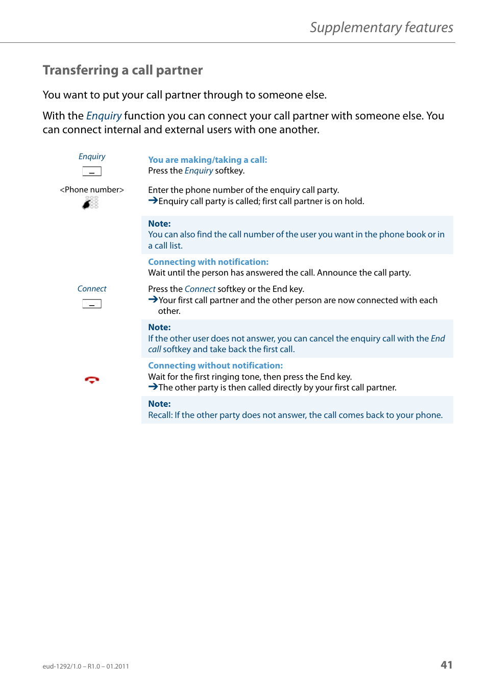 Transferring a call partner, Supplementary features | AASTRA 630d for Aastra 400 User Guide EN User Manual | Page 41 / 103