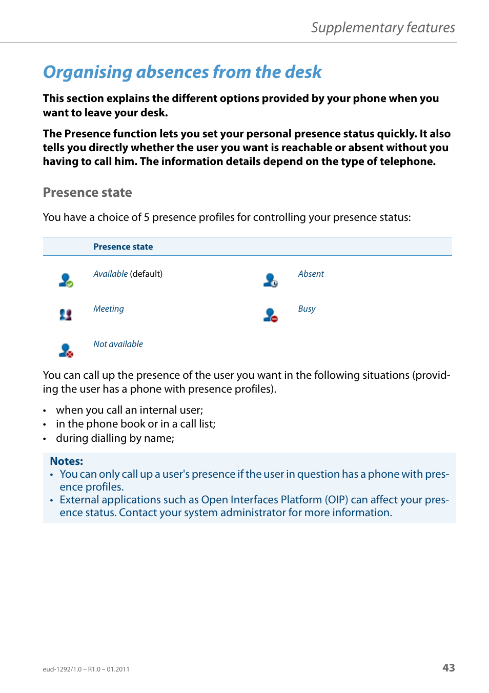 Organising absences from the desk, Presence state, Supplementary features | AASTRA 630d for Aastra 400 User Guide EN User Manual | Page 43 / 103