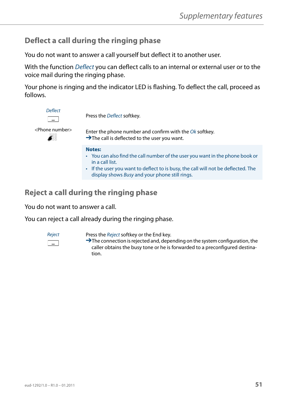 Deflect a call during the ringing phase, Reject a call during the ringing phase, Supplementary features | AASTRA 630d for Aastra 400 User Guide EN User Manual | Page 51 / 103