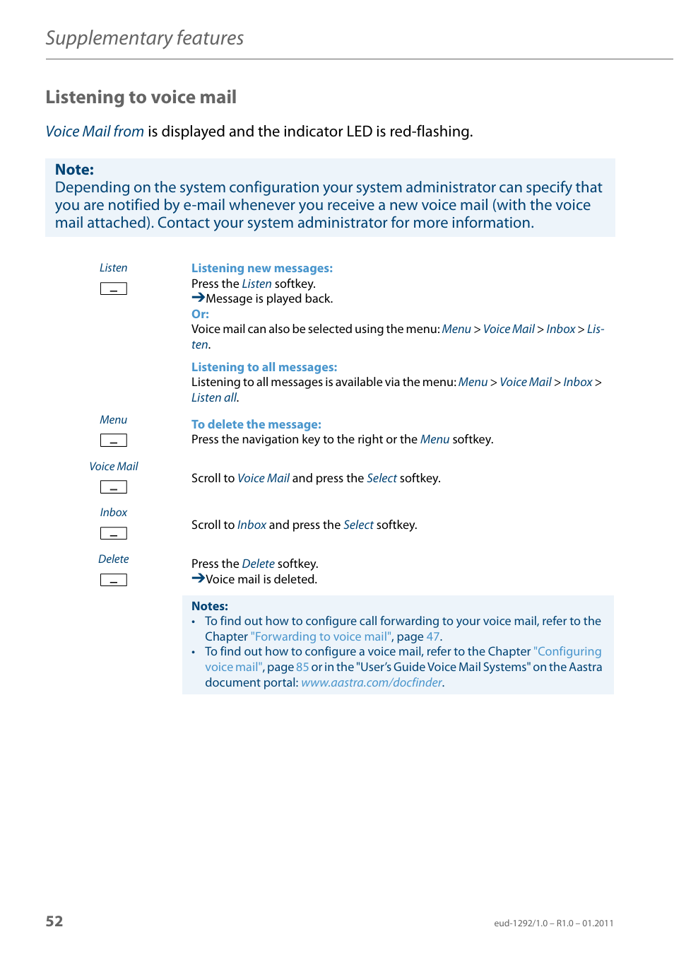 Listening to voice mail, Supplementary features | AASTRA 630d for Aastra 400 User Guide EN User Manual | Page 52 / 103