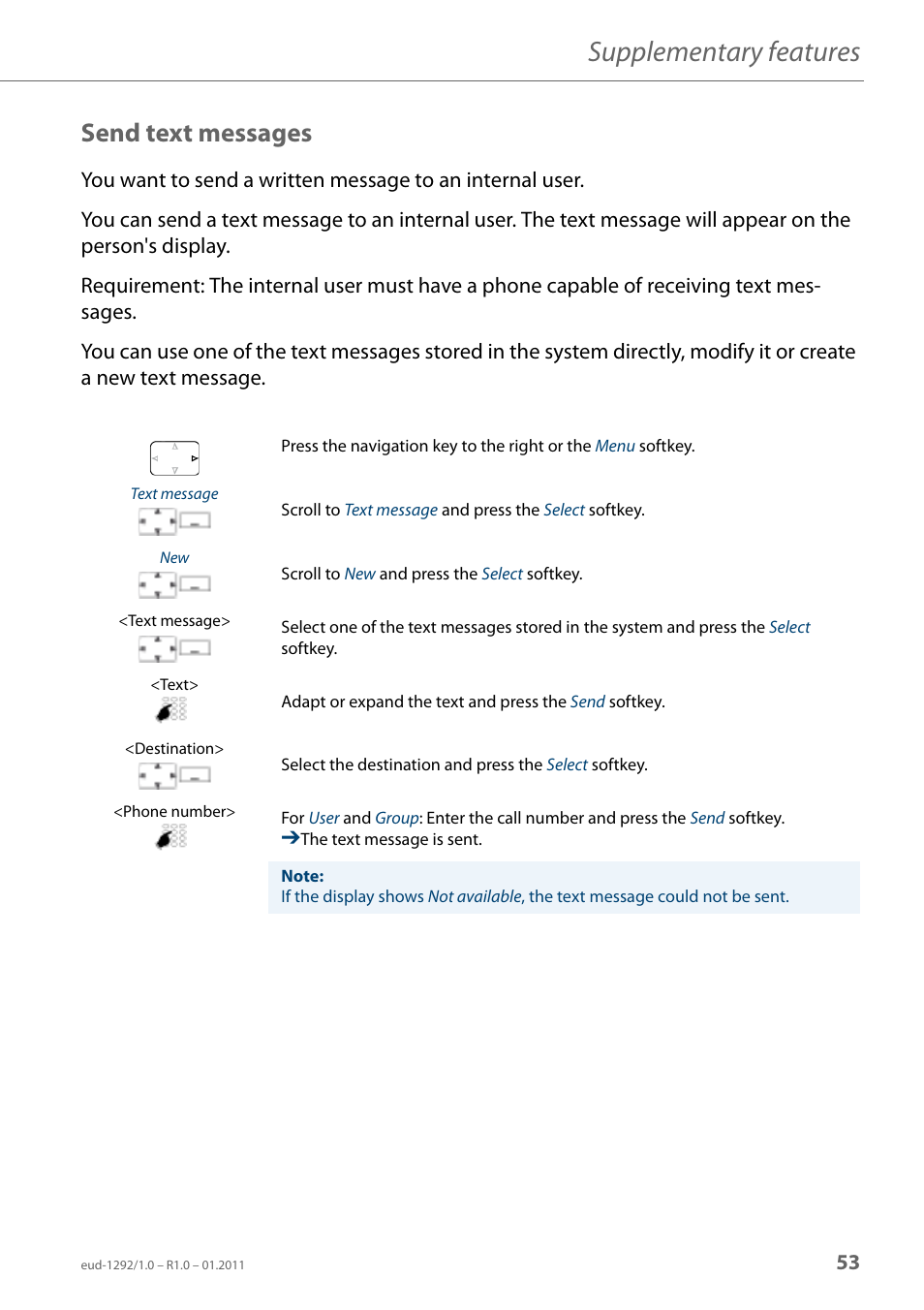 Send text messages, Supplementary features | AASTRA 630d for Aastra 400 User Guide EN User Manual | Page 53 / 103