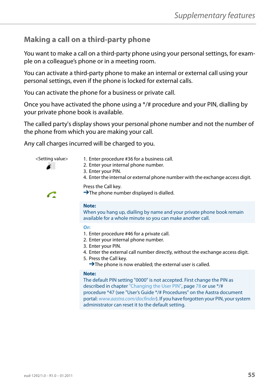 Making a call on a third-party phone, Supplementary features | AASTRA 630d for Aastra 400 User Guide EN User Manual | Page 55 / 103